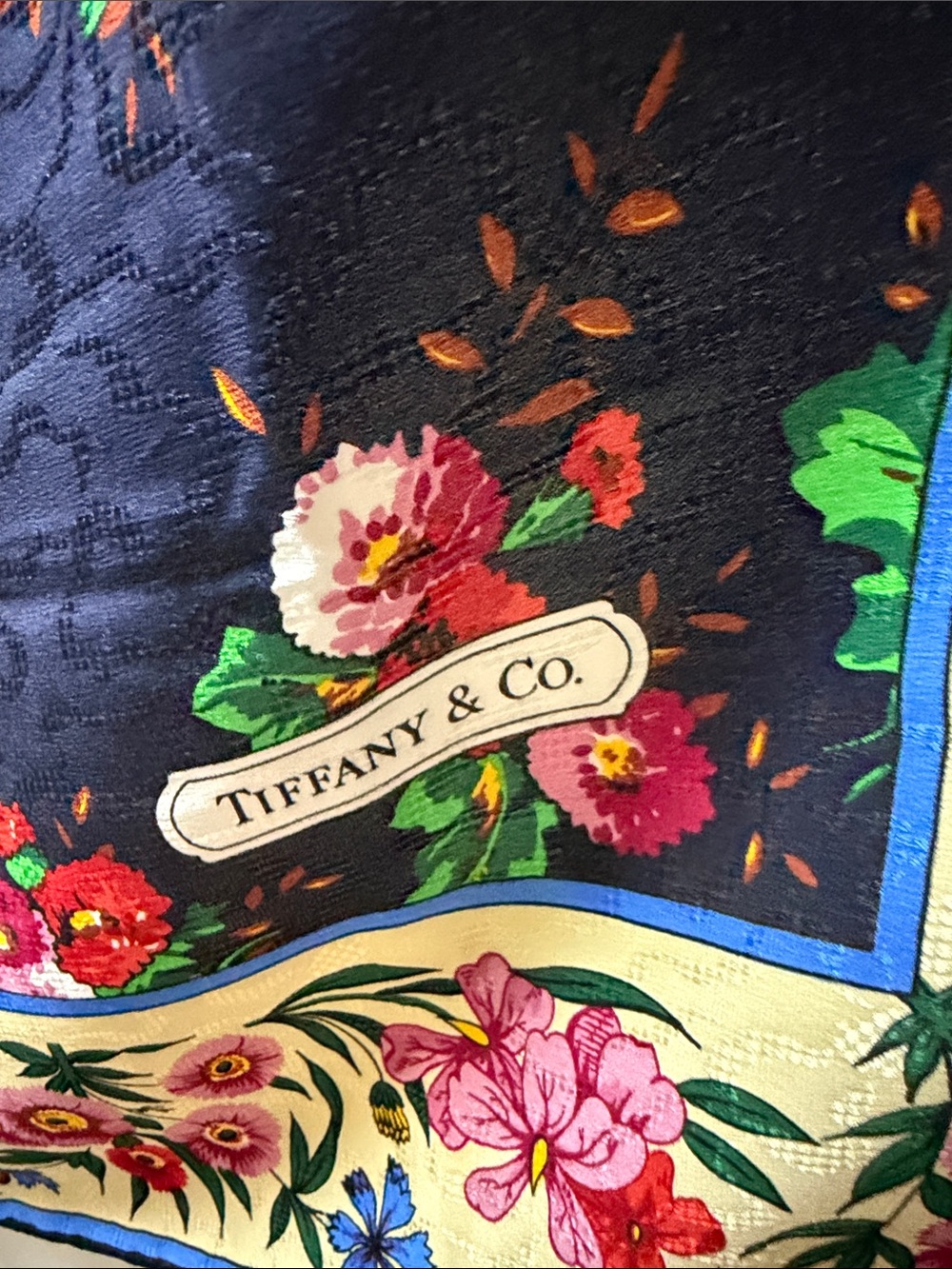 Tiffany & Co. Floral Border Square Silk Scarf in Navy and Cream 35 inches square